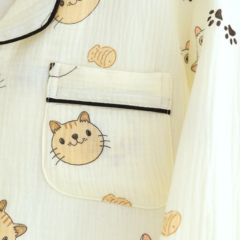 Cotton Yarn Loungewear Pajamas with Cartoon Print And Lapel Collar