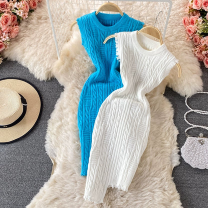 Sophisticated Spring  Sleeveless Knitted Vest Round Neck Dress