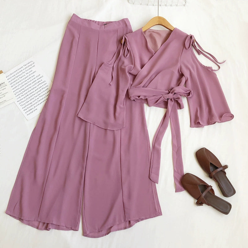 Fashionable Temperament V-Neck Tie Waist Short Bell Sleeve Shirt With High-Waisted Slit Wide-Leg Pants