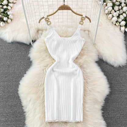 Elegant Chain Vest Slip Knitted Slim Short Bodycon Dress