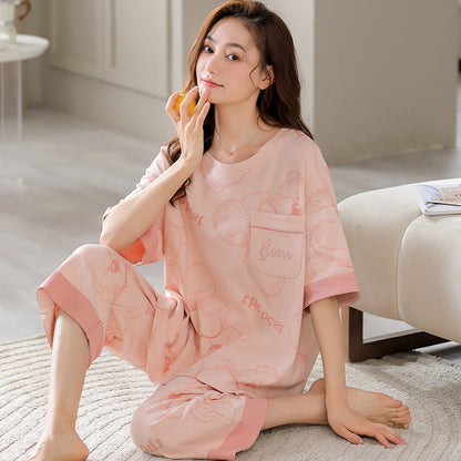 Ladies Summer Cotton Short-Sleeved Cropped Pants Casual Half-Sleeved Sleepwear Set