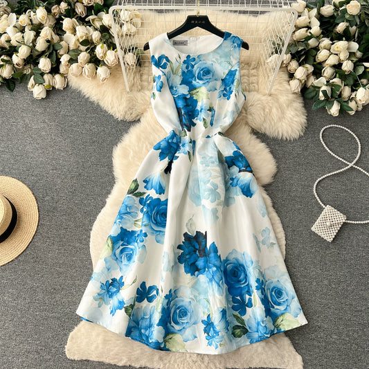 Floral Elegant Sleeveless Pleated Waist-Defining Skirt Dress For Women