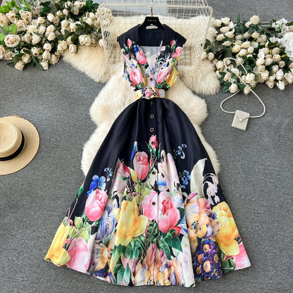 Floral High-Ended Print Sleeveless Dress For Women with Suit Collar and Belted Waist