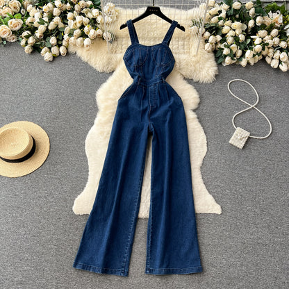 Women's Summer Retro Style Camisoles Denim Jumpsuits Waist Slim Fit Thin Wide-Legged Trousers