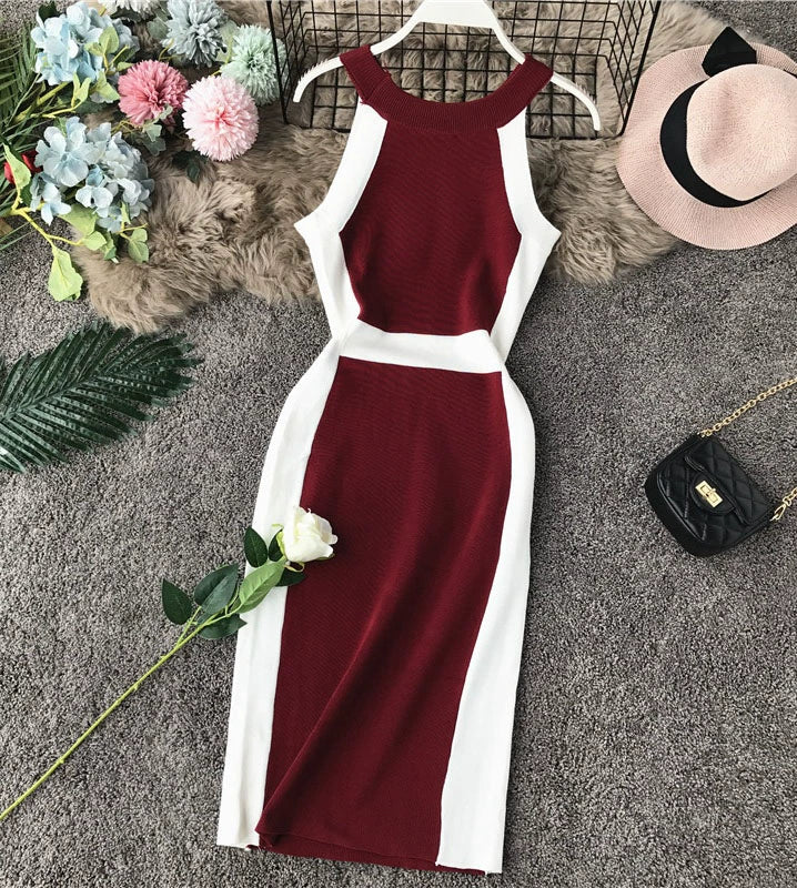 Elegant Off-Shoulder Halter Neck Black and White Bodycon Dress