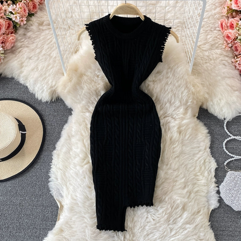 Sophisticated Spring  Sleeveless Knitted Vest Round Neck Dress