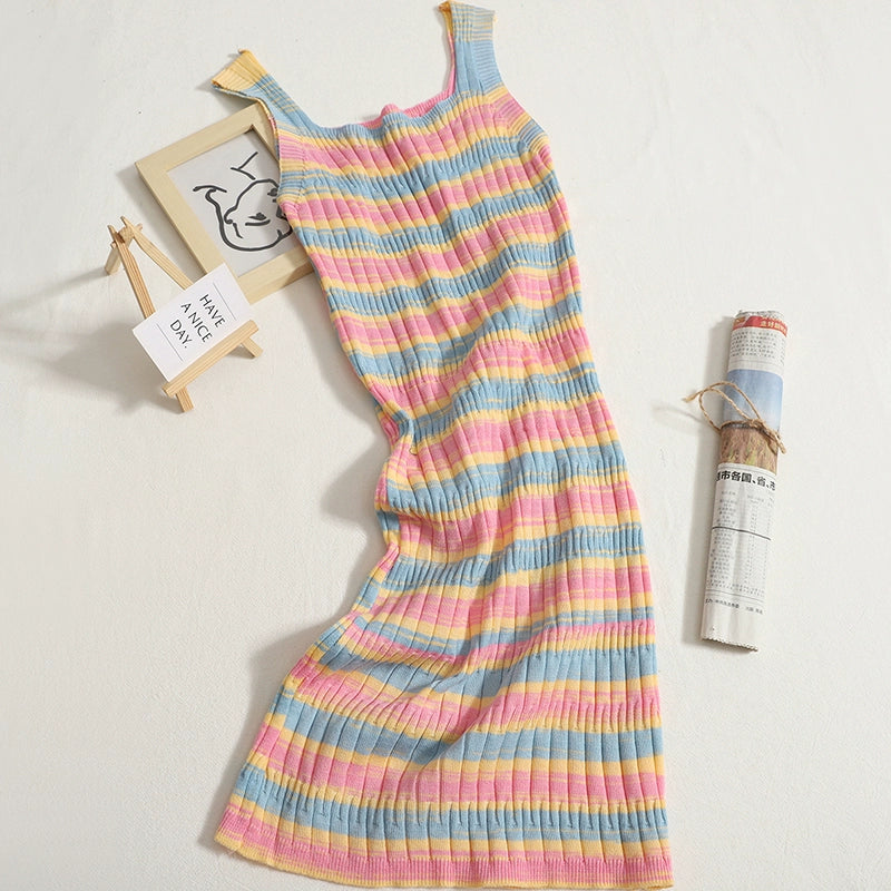 Female Summer Color Contrast Striped knitted Self-Cultivation slim Dress