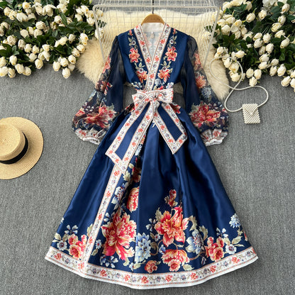 High-End Elegant French Retro Palace Style Tie Waist Temperament Dress