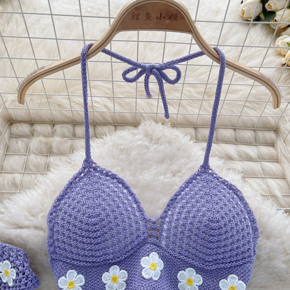 Women's Summer Flowers Design Seaside Resort-Style knitted Strappy Three-Piece Bikini Set