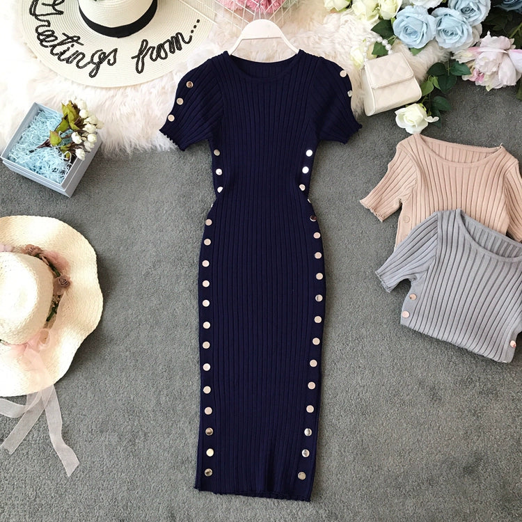 Women's Knitted Slim Fit Round Neck Short Sleeve Bodycon Dress