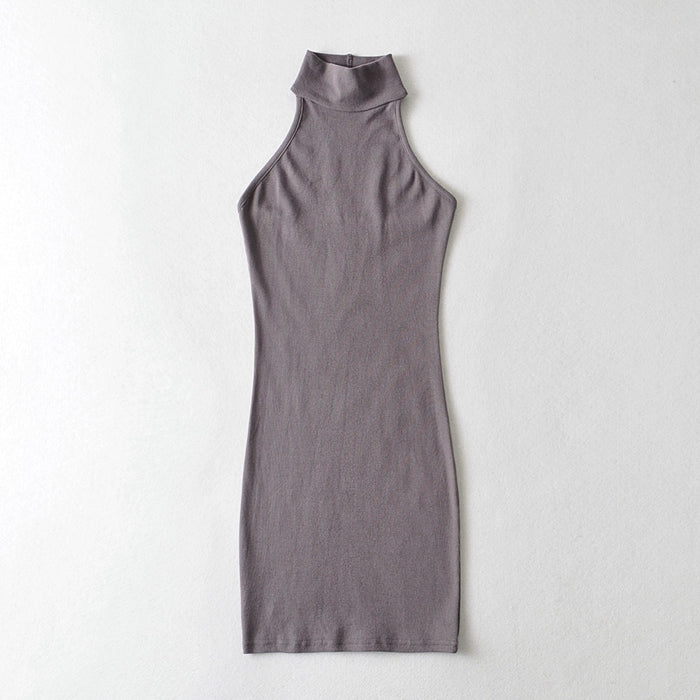 Simple Solid Colour Open Back, High Neck, and Slim Fit  Dress