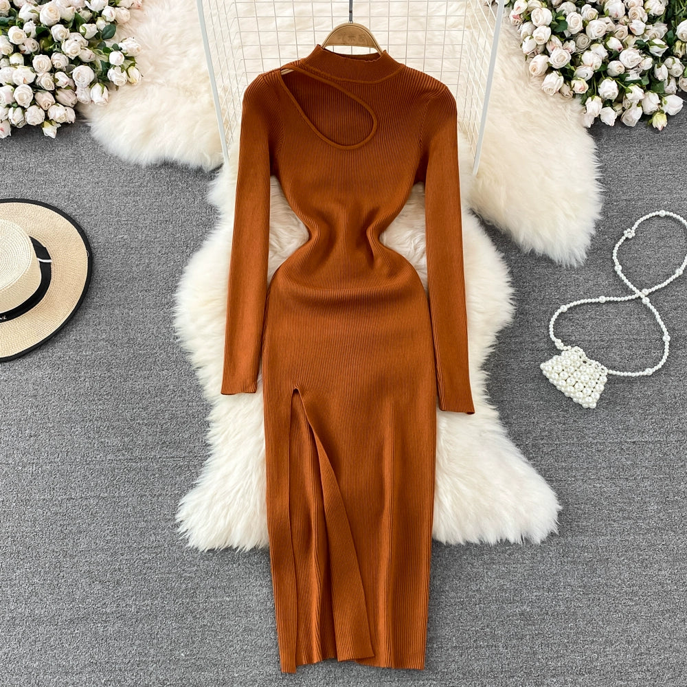 Women's Winter Slim Fit Knitted Bodycon Dress With Long-Sleeved Stand-Collar