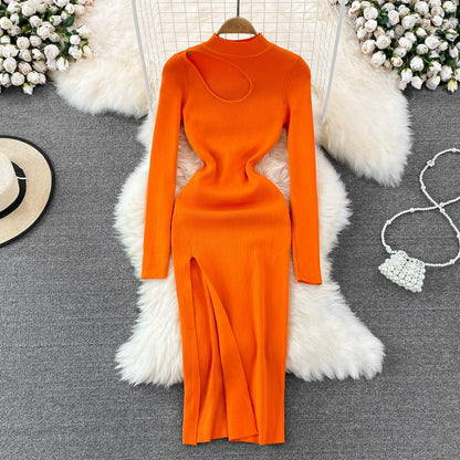 Women's Winter Slim Fit Knitted Bodycon Dress With Long-Sleeved Stand-Collar