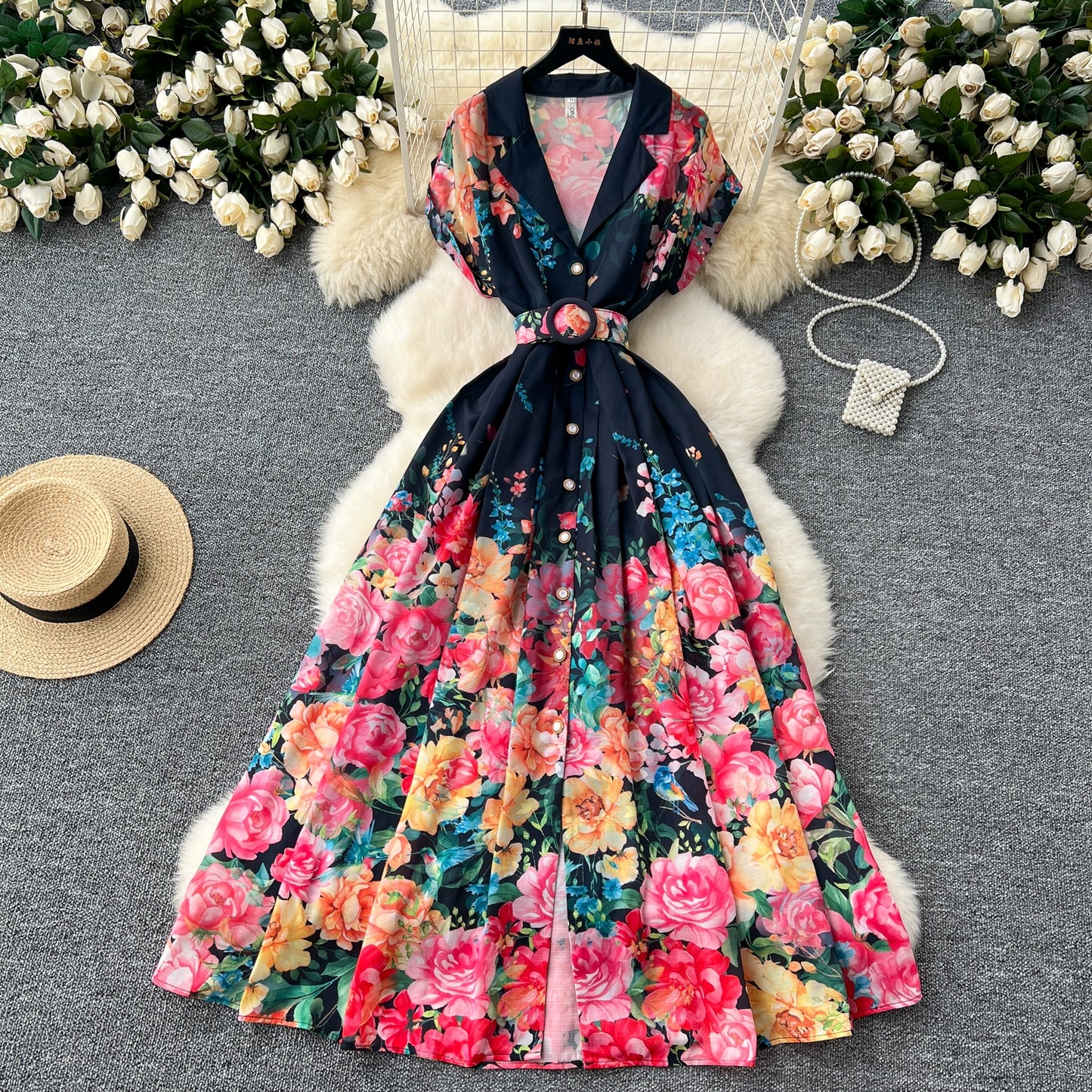 Elegant European and American Retro Style Lapel Printed Floral Black Dress with Waist-Cinching Design