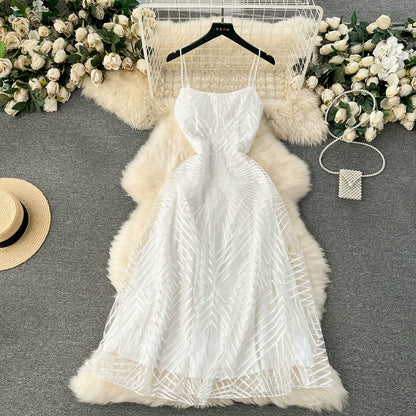 Elegant Square Neck Slim Mid-Length Sundress with Embroidered Mesh for Evening Ceremonies