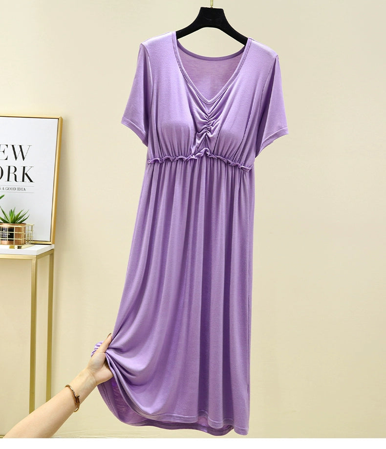 Solid Color, women's summer friendly Short Sleeve Nightdress with bra pad