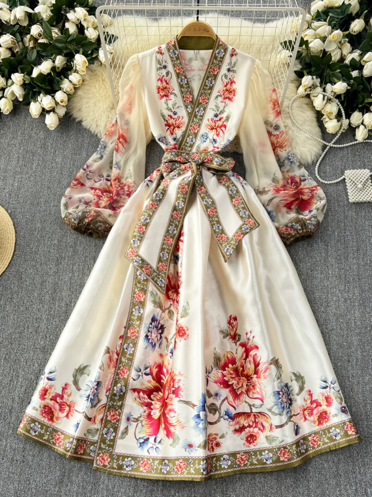 High-End Elegant French Retro Palace Style Tie Waist Temperament Dress