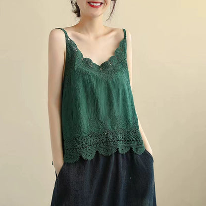 Cutout Lace Cotton Linen Camisole Women's Summer Undershirt Lace Top