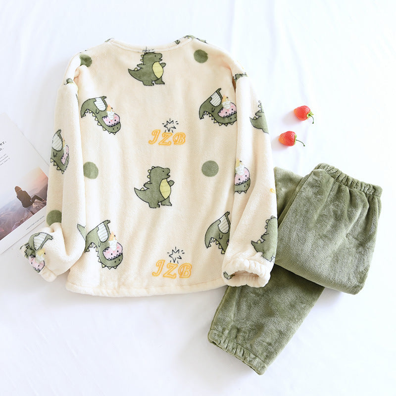 Little Dinosaur Printed Flannel Suits Warm and Thickened Comfortable Loungewear For Autumn and Winter