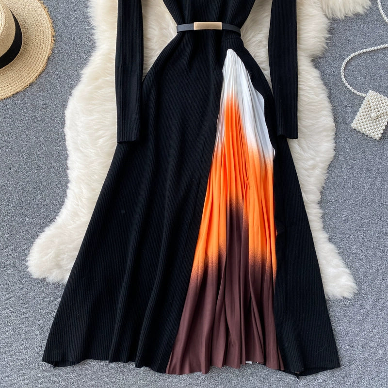 French Hepburn Style Elegant Knit Stitching Gradient Color Pleated Slim Waist Big Swing Dress