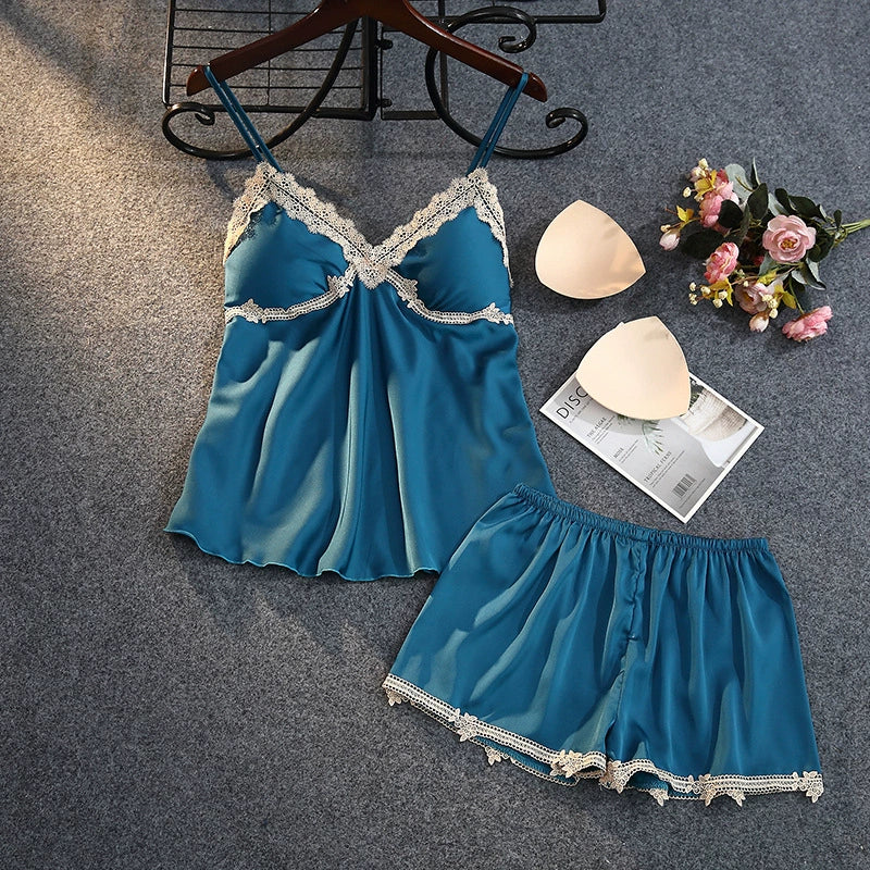 Women's Spring and Autumn thin ice silk suspender two-piece set with chest pads