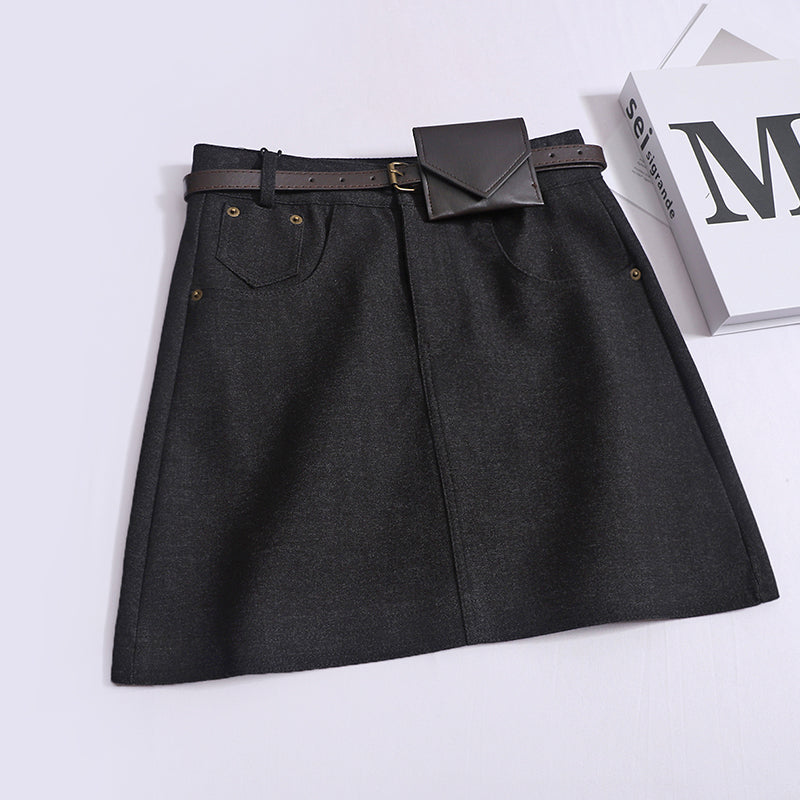 Fashionable And Versatile High Waist Thin Anti-Walking Short  A-line Skirt With A Belt & Bag