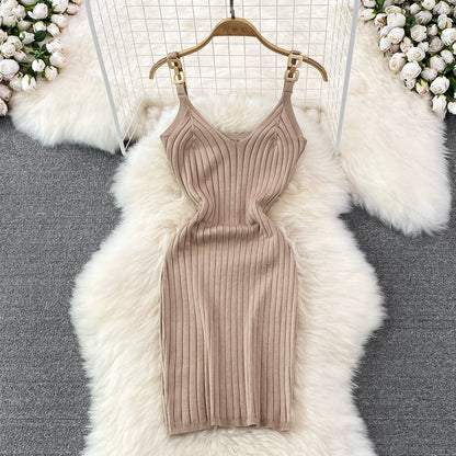 Elegant Chain Vest Slip Knitted Slim Short Bodycon Dress