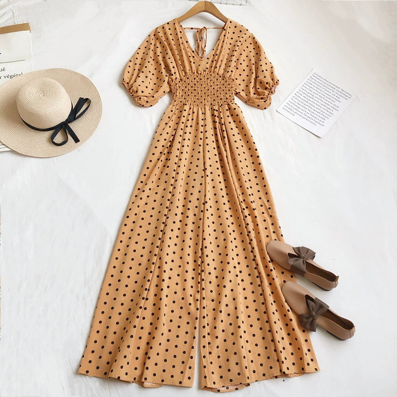 Summer V-neck polka-dot high-waist lace-up bubble short-sleeved jumpsuit