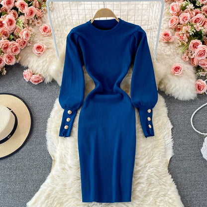 Sophisticated Winter Stretch Knitted Fit Bodycon Dress With Long Puff Sleeves