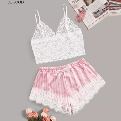 V-neck Printed bra suspender pajama sleepwear set