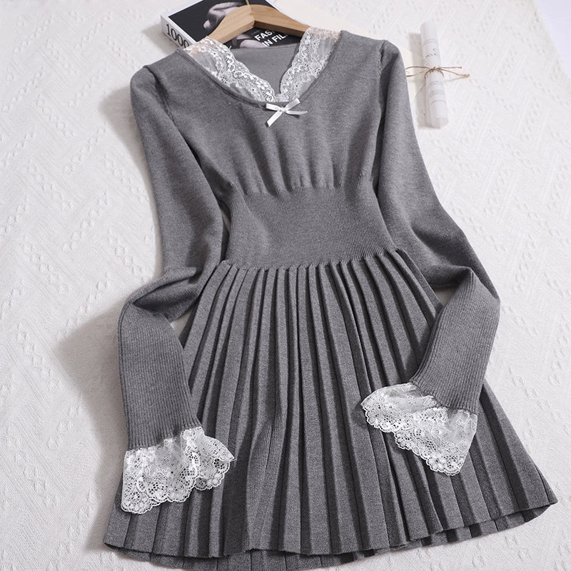 Luxury Korean Retro Lace V-Neck Long-Sleeved Pleated Skirt Stitched knitted Dress