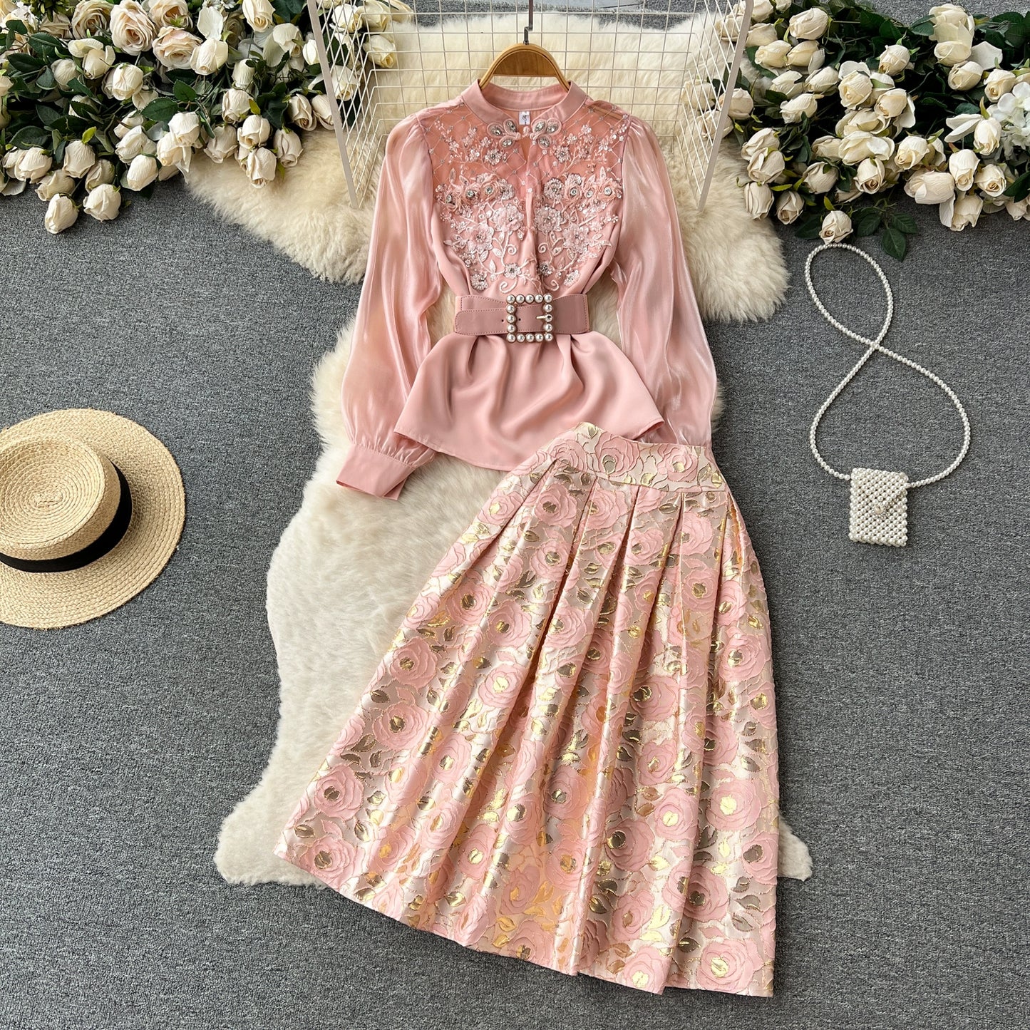 Fashionable Ensemble Heavy Work Embroidered Shirt and High-Waisted Jacquard Skirt Two-Piece Set For Women