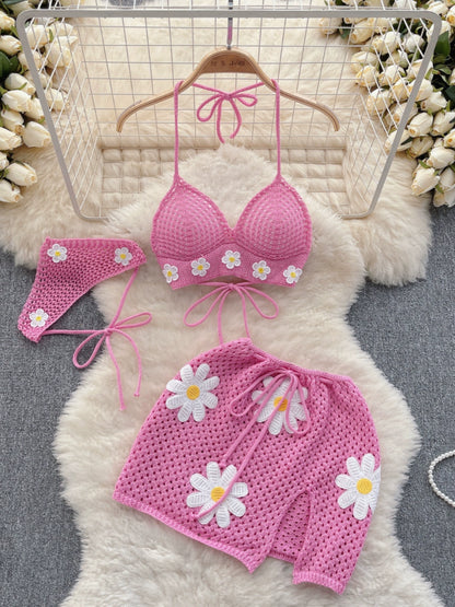 Women's Summer Flowers Design Seaside Resort-Style knitted Strappy Three-Piece Bikini Set