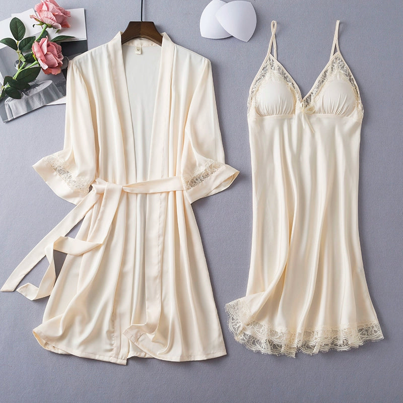 Women's summer sexy ice silk thin lace suspender nightdress set with chest pads