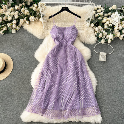 Elegant Square Neck Slim Mid-Length Sundress with Embroidered Mesh for Evening Ceremonies