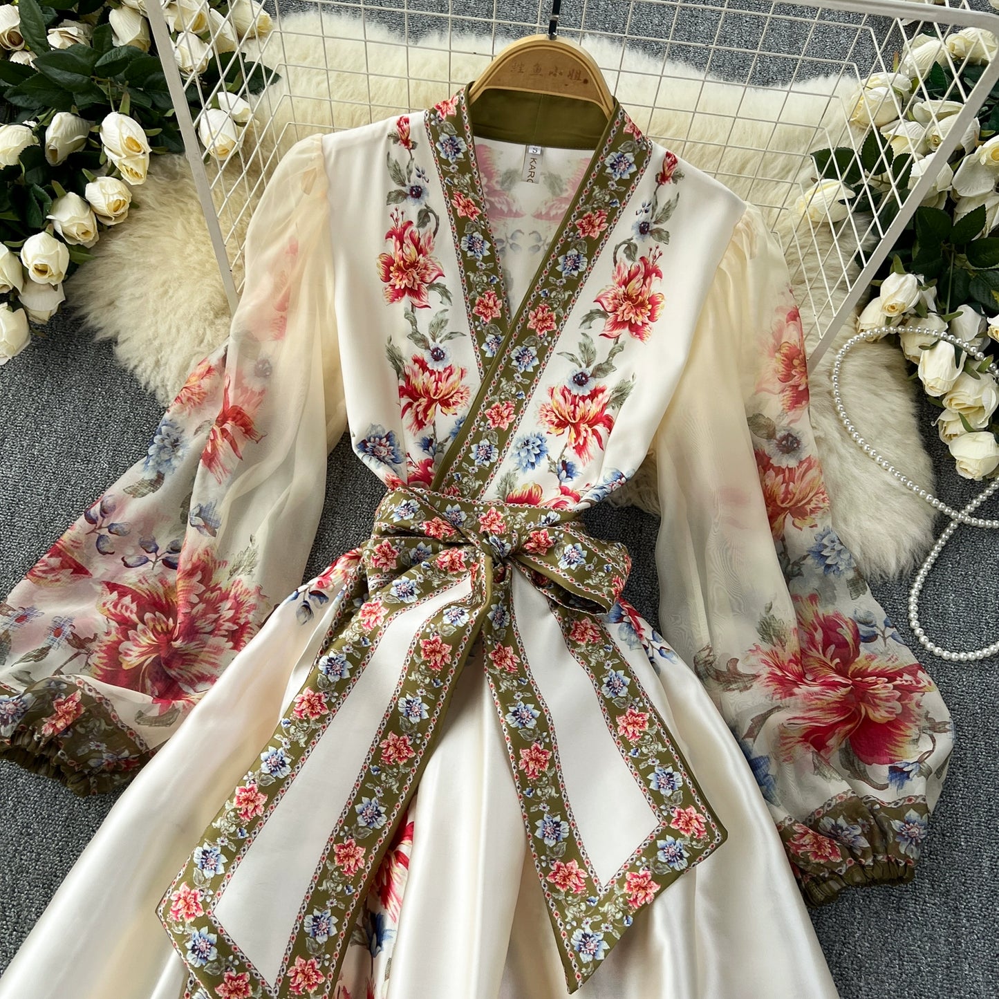 High-End Elegant French Retro Palace Style Tie Waist Temperament Dress