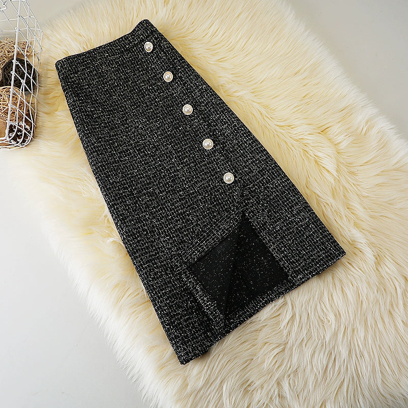 Women's Autumn And Winter New High-Waisted Slim Mid-Length Slit One-Step Woolen A-line Skirt