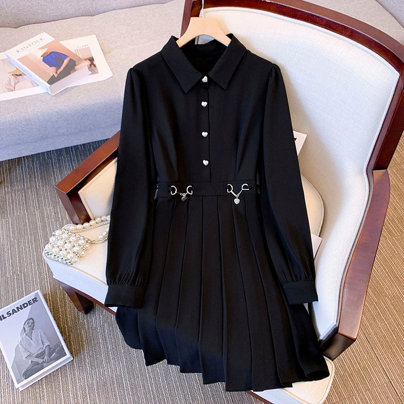 Fancy Long Sleeve POLO Neck With Cinched Waist Black Dress