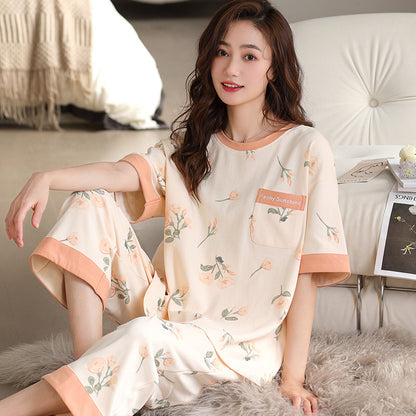 Ladies Summer Cotton Short-Sleeved Cropped Pants Casual Half-Sleeved Sleepwear Set