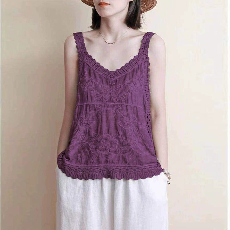 Ethnic style Summer Friendly hollow embroidery cotton and linen tops