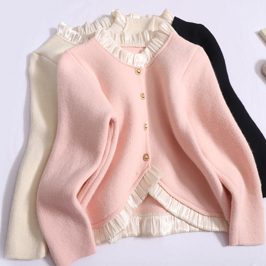 French Women's Autumn & Winter Temperament Stitching Knitted Cardigan Top