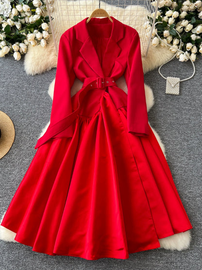 Glamorous Long Suit Dress with Tie Waist Stylish Long Sleeve Lapel Stitching Skirt