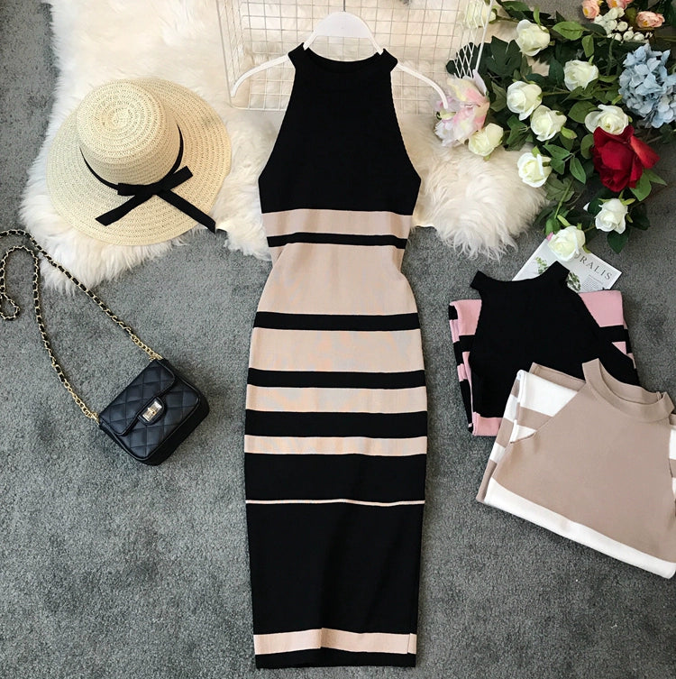 Women's Luxurious Striped Halterneck Knitted Midi Dress