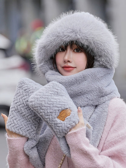 Winter Thickened And Warm Fleece Hat Style Scarf Gloves 3 In One Cold-Proof Plush Hat