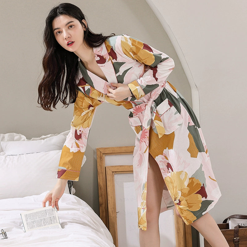 Spring and Autumn Women's Cotton Long Sleeve Bathrobe Dress