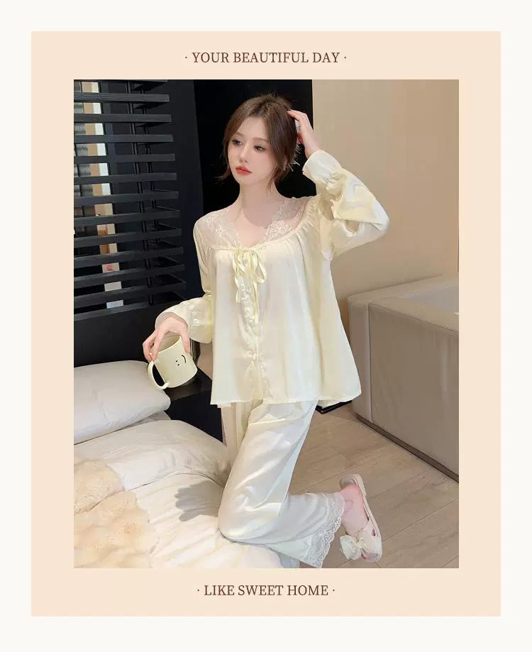 Cozy Comfortable Ice Silk Loungewear with Long Sleeves and Pants