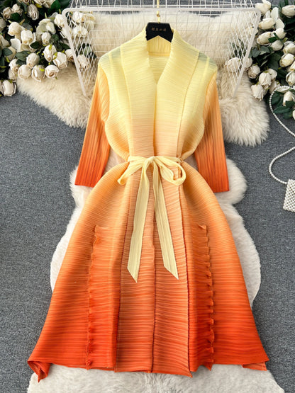 European-American Style Casual Gradient A-Line Tie Waist Pleated Dress For Women