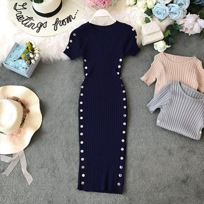 Women's Knitted Slim Fit Round Neck Short Sleeve Bodycon Dress