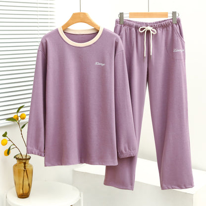 Warm Embrace Velvet Contrast Round Neck Long Sleeve Loungewear Two-Piece Set For Women