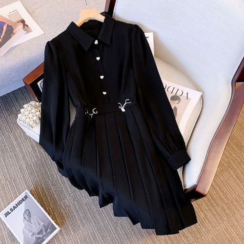 Fancy Long Sleeve POLO Neck With Cinched Waist Black Dress